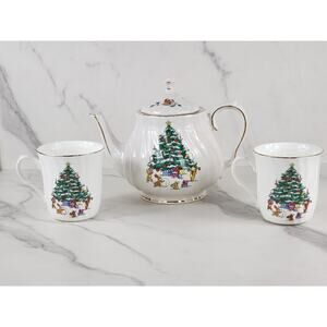 Salem China Christmas Eve Teapot w/ Lid Coffee Mug Teacup 10oz Year 50s x3 Vtg